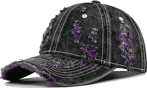 Distressed Washed Denim Baseball Cap Vintage Ripped Strapback Sun Hat for Men Women - color: Purple