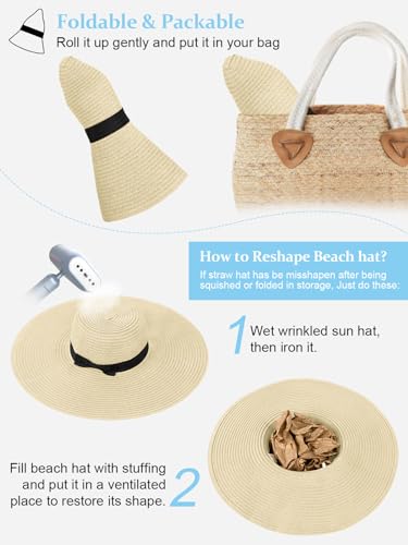 Floppy Sun Hats for Women, Summer Wide Brim Straw Beach Hat - color: Beige, size: Large