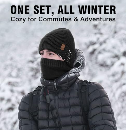 Wmcaps Winter Fleece Lined Beanie & Neck Warmer Set for Men - color: Black