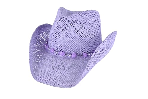 Women's Straw Cowboy Hat with Beaded Trim, Shapeable Brim - color: Lavender