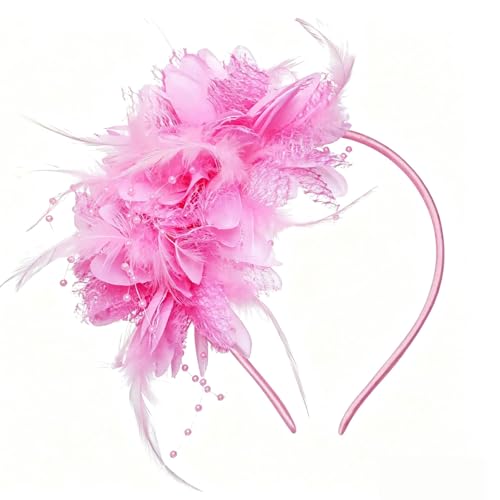 Pink Flower Headband, Floral Feather Hairband with Pearl Design Party Headband for Women Wedding Headpiece Fascinator Party Hair Accessories Carnival Hair Hoop - color: Pink