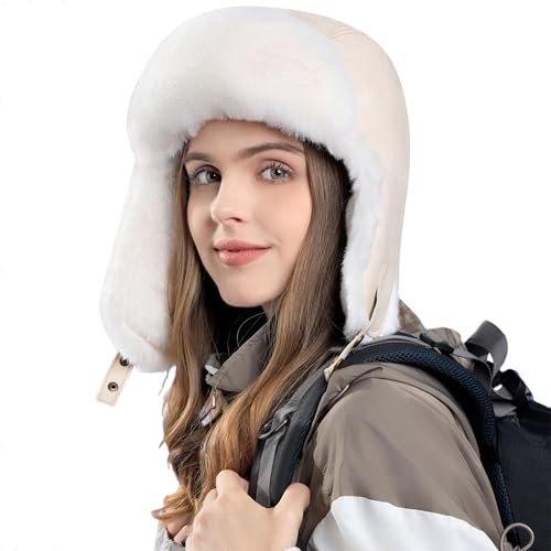 Women Winter Trapper Hat Ushanka Warm Sherpa Beanie Knit Ear Flap - color: Beige