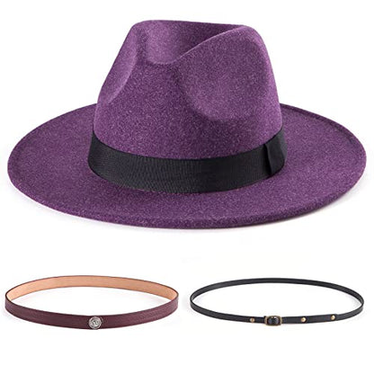 Felt Wide Brim Fedora Hats for Women Men, with Band Belt Buckle, Adjustable - color: P12 Mix Purple