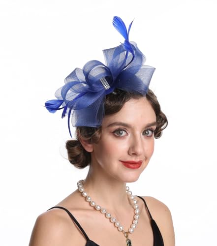 SAFERIN Elegant Women's Fascinator Hat with Veil and Feather Hair Clip Headpiece for Weddings Tea Party - color: St09-sapphire Blue