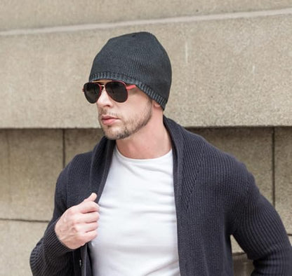 ZLYC Men Fashion Knit Fisherman Beanie Hat Winter Warm Thick Skull Cap - color: Plain Black