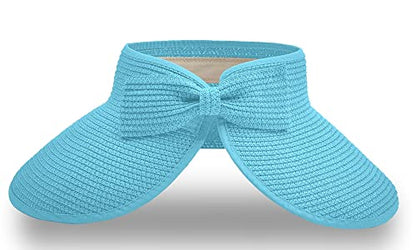 Straw Sun Visor for Women, Wide Brim UPF 50+ Protection Beach Hat, Adjustable, Roll Up Foldable Ponytail Cap with Chin Strap - color: Light Blue