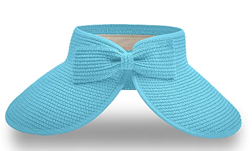 Straw Sun Visor for Women, Wide Brim UPF 50+ Protection Beach Hat, Adjustable, Roll Up Foldable Ponytail Cap with Chin Strap - color: Light Blue