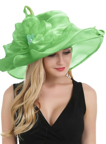 Organza Fascinator Hat - Women’s Wide Brim Church Bridal Tea Party Wedding Hat - color: 02a-apple Green