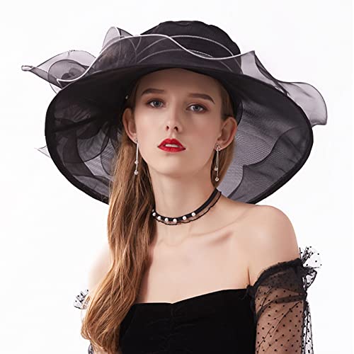 Haoohu Women's Church Derby Hat Wide Brim Bow Bucket Hat Wedding Dress Hat Fascinator Bridal Tea Party Hat - color: F-black