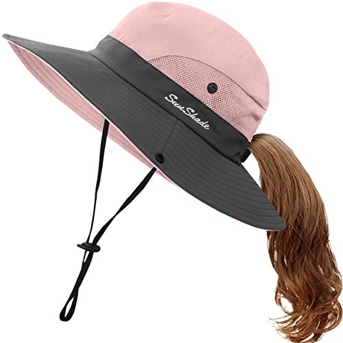 IYEBRAO Kids UV Sun Hat with Ponytail Hole UPF 50 Bucket Cap for Girls Summer Beach ＆ Fishing - color: Light Pink