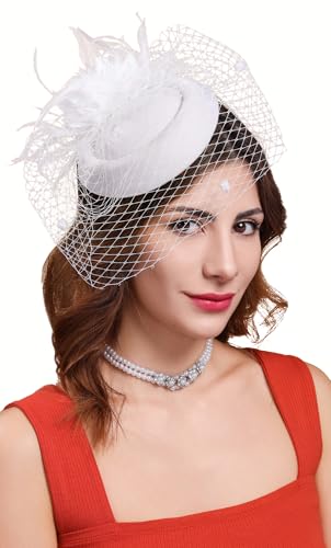 Fascinators Hats for Women Pillbox Hat 20s 30s 50s Vintage Feather Headwear Bowler Flower Veil Wedding Tea Party Hat - color: X-white