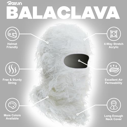 ROXUN Distressed Ski Mask Balaclava, Yeat Shiesty Fluffy Knitted Full Face - color: 01- Off White