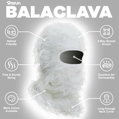 ROXUN Distressed Ski Mask Balaclava, Yeat Shiesty Fluffy Knitted Full Face - color: 01- Off White