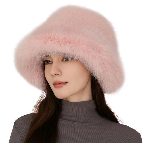 Women's Oversized Faux Fur Bucket Hat, Fluffy Plush Winter Hat, Solid Color - color: Pink