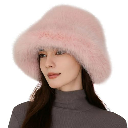 Women's Oversized Faux Fur Bucket Hat, Fluffy Plush Winter Hat, Solid Color - color: Pink