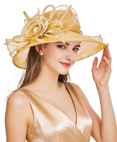Z&X Organza Church Fascinator Wedding Tea Party Derby Hats for Women Flower Wide Brim Sun Hats - color: 022 Gold