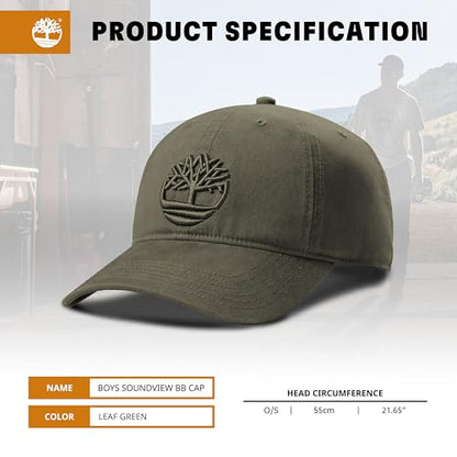 Timberland Soundview Baseball Cap for Boys 7-14, Cotton Canvas, Adjustable, Lightweight & Durable, One Size - color: Leaf Green (Dark Green)