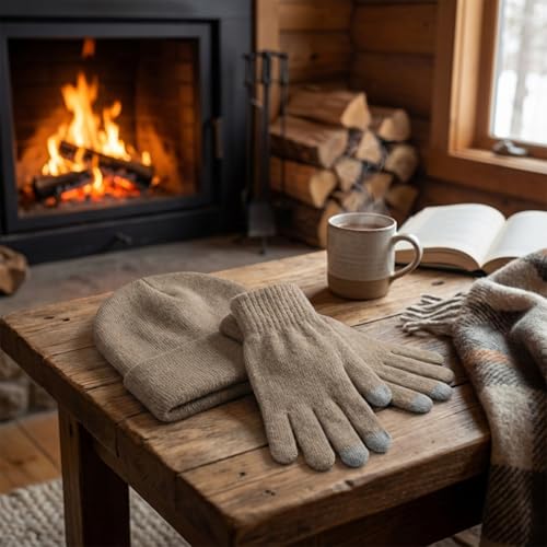 Geyoga Beanie and Touchscreen Gloves Set for Women Men Unisex Winter Knitted Hat Skull Cap Warm Gloves with Knit Fleece Lined - color: Dark Khaki