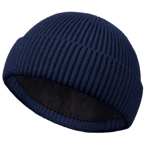 Short Fisherman Beanie for Men Women Wool Fleece Lined Winter Hat - color: 1pcs-navy Blue
