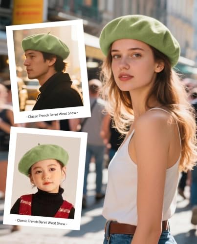 Wool French Beret Hats for Women Classic Winter Beanie Cap - color: Lime Green