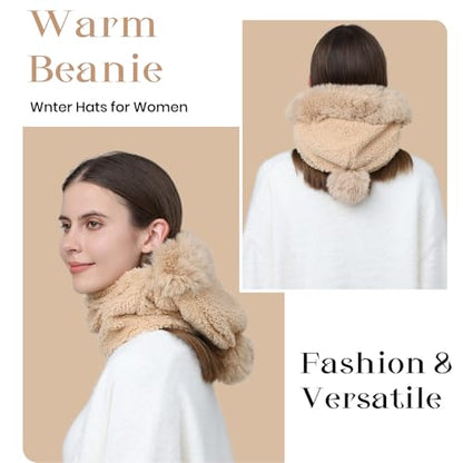 Womens Knit Pom Beanie Hat Thermal Polar Fleece Lined Winter Scarf Set Face Mask Hooded Scarf Earmuff Skull Hats