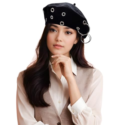 French Beret Hats Punk Iron Ring Beret for Women Fashionable Black
