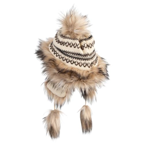 Cross Stitch Knit Fleece Lined Faux Fur Trapper Beanie Hat with String - color: Beige