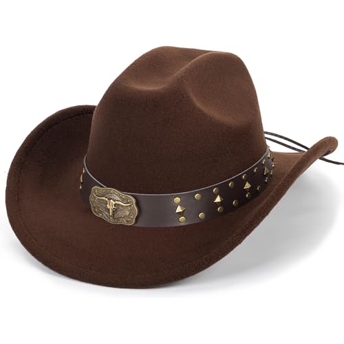 Felt Fedora Western Cowboy Hat for Women Men - color: Brown-bull Decor Band