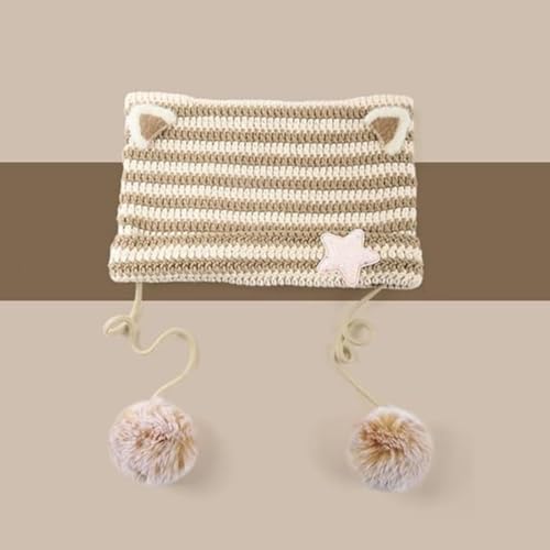 Women Kawaii Cat Ear Beanie Hat with Star Pom Poms Y2K Cute Crochet Goth Grunge Emo Alt Accessories Knit Slouchy Hat - color: Khaki Beige
