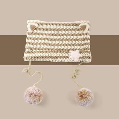 Women Kawaii Cat Ear Beanie Hat with Star Pom Poms Y2K Cute Crochet Goth Grunge Emo Alt Accessories Knit Slouchy Hat - color: Khaki Beige