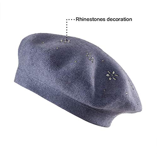 LADYBRO Rhinestone Beret Hats for Women 2 Layers Wool Knit Cap Lady Winter - color: Blue (Floral Pattern)