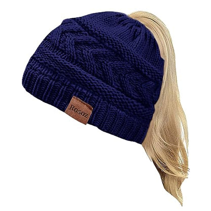 Rosoz 2 Pack Ponytail Beanie for Women,Winter Warm Beanie Tail Soft Stretch Cable Knit Messy High Bun Hat - color: 1pack-dark Blue