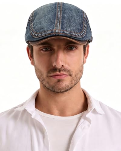 ZLYC Men Cotton Flat Cap Summer Scally Newsboy Beret Driver Hat - color: Denim Navy
