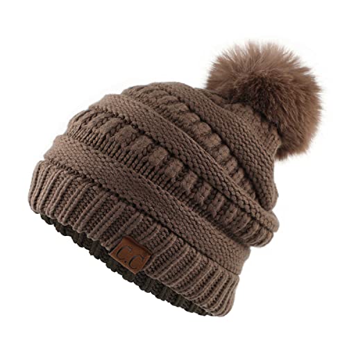 C.C Fur Pom Winter Fall Trendy Chunky Stretchy Cable Knit Beanie Hat - color: Snuggly Soft Brown