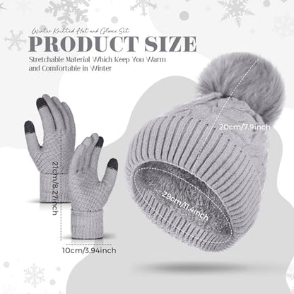 Womens Winter Fleece Lined Knitted Beanie Hat Glove Set, Warm Pom Pom Beanie Knit Cap Touchscreen Gloves for Women - color: Gray