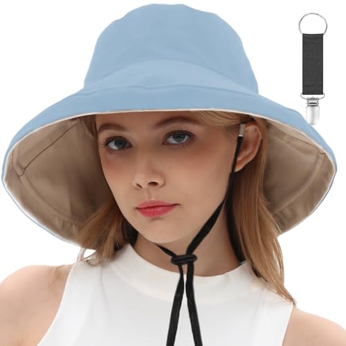 vidsel Womens Sun Hats Wide Brim Reversible Bucket Cotton Hat with Hat Clip - color: Medium-beige+blue, size: Medium