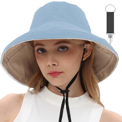 vidsel Womens Sun Hats Wide Brim Reversible Bucket Cotton Hat with Hat Clip - color: Medium-beige+blue, size: Medium