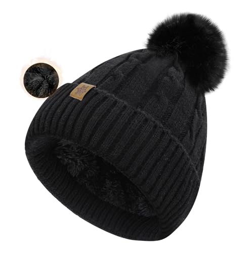 Winter Beanie Hats for Women Pom Pom Wool Cable Knit Thermal Fleece Warm Faux Fur Beanies for Cold Weather - color: Black