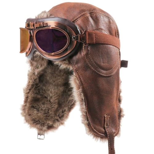 Harssidanzar Leather Outdoor Cycling Windproof Harley Goggles, Warm Pilot's hat,DU303 - color: Camel