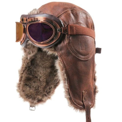 Harssidanzar Leather Outdoor Cycling Windproof Harley Goggles, Warm Pilot's hat,DU303 - color: Camel