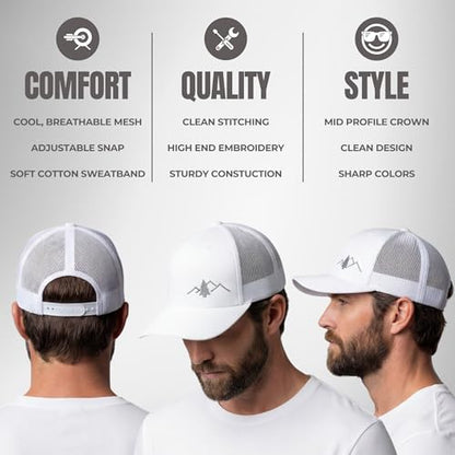 LINDO Trucker Hat [ Great Outdoors Design ] for Men and Women: Mid Profile Cap with Breathable Mesh Back and Adjustable Snap - color: White