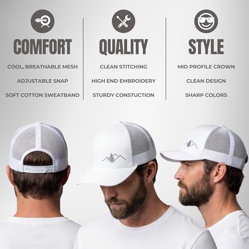 LINDO Trucker Hat [ Great Outdoors Design ] for Men and Women: Mid Profile Cap with Breathable Mesh Back and Adjustable Snap - color: White