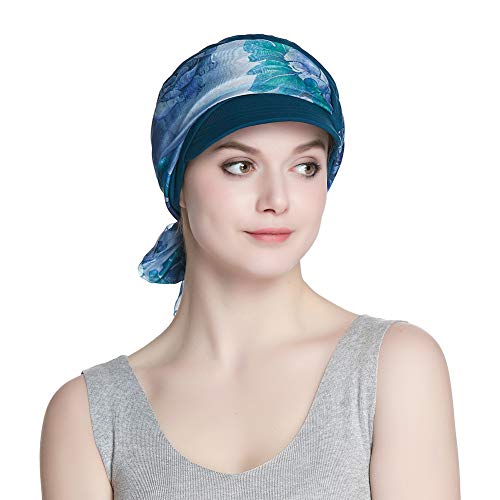 Alnorm Breathable Cotton Hat and Scarf Set Chemo Headwear for Women - color: Blue Floral