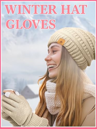 JaGely 8 Pieces Women Winter Hats and Gloves Set Women Warm Touchscreen Knitted Lined Gloves Winter Beanies - color: Army Green, Caramel,beige,red
