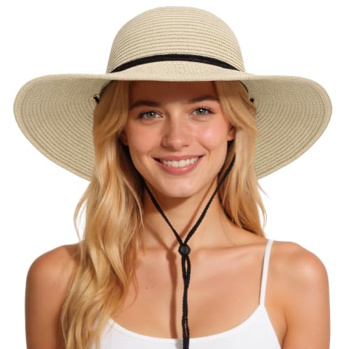 Sun Hats for Women, Summer Wide Brim Straw Beach Hat - color: White, size: Large