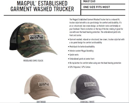 Magpul Trucker Hat Snap Back Baseball Cap, One Size Fits Most - color: Established Garment Washed Woodland Camo