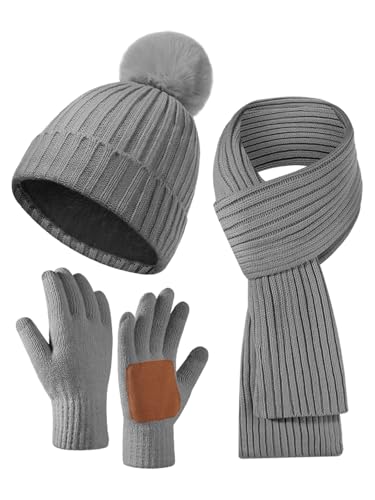 Women's Winter Beanie Hat Scarf Gloves Set,Fleece Lined Knit Pom Hat Long Scarf with Touchscreen Gloves Gifts for Women