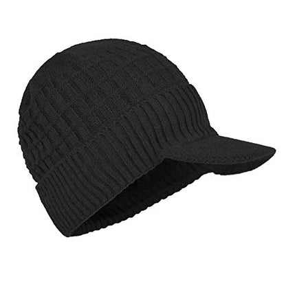 Women's Soft Knitting Visor Beanie Winter Hat with Brim Fleece Lining Baseball Cap - color: Black