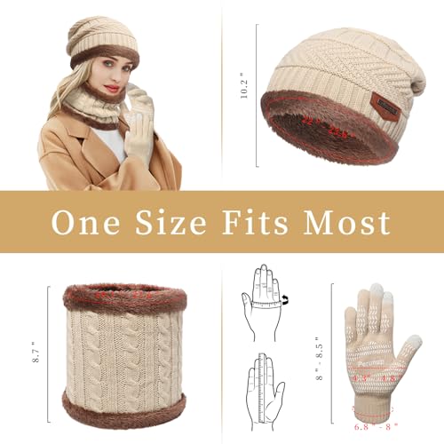 MAYLISACC Winter Knit Beanie Hat Neck Warmer Scarf and Touch Screen Gloves Set 3 Pcs Fleece Lined Skull Cap for Men Women - color: Beige--3 Pcs--(hat+scarf+gloves)