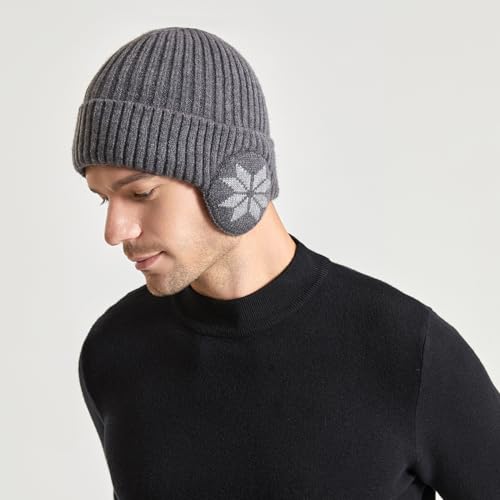 Knit Beanie Hat with Earflaps – Winter Warm Thick Fleece Lined Ski Skull Cap for Men Women - color: Grey